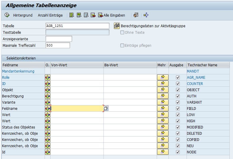 Bild 1: Selektionsbild SE16N mit Tabelle AGR_1251 (Quelle SAP® ERP)