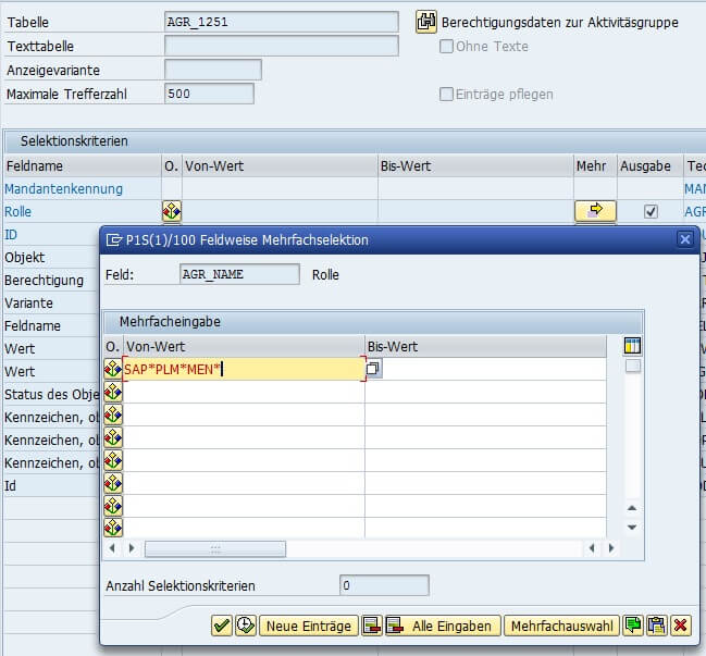 Bild 2: Mehrfachselektion SE16N (Quelle SAP® ERP)